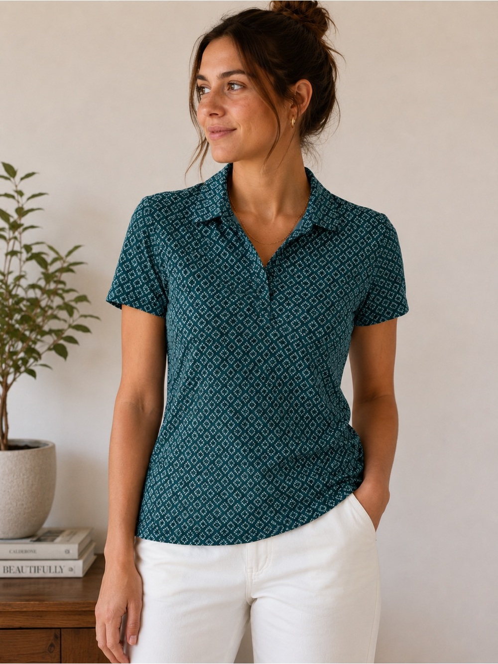 L.L. Bean Teal Diamond-Print Short Sleeve Button Down